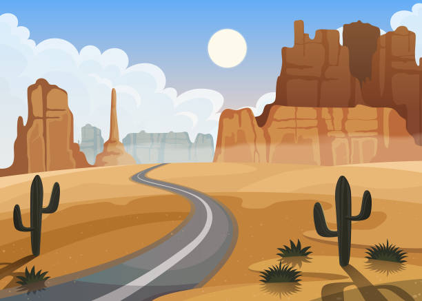 ilustraciones, imágenes clip art, dibujos animados e iconos de stock de ilustración vectorial del paisaje desértico del gran cañón. - two lane highway illustrations