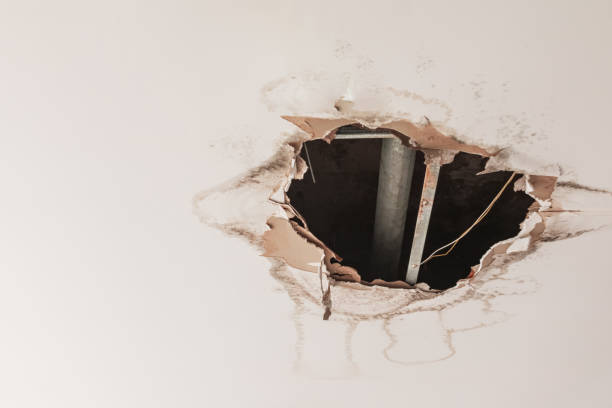 istock gypsum ceiling decay hole interior office building 1144078764