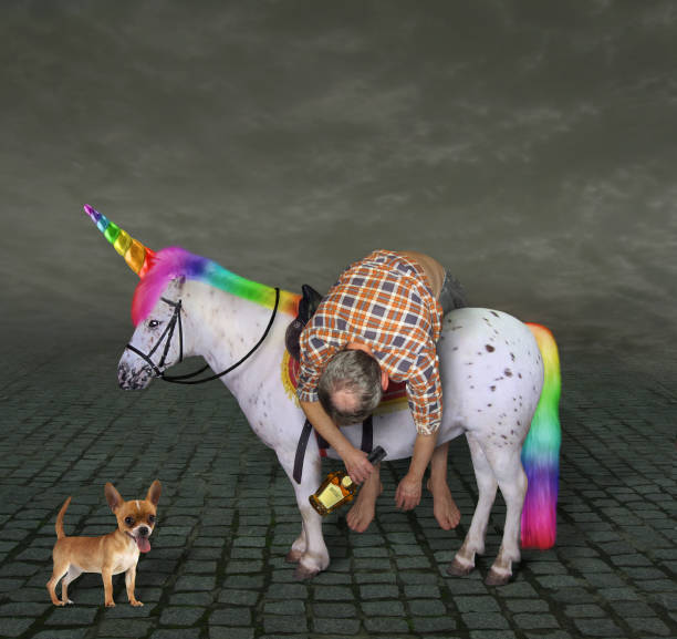 istock Drunk man on the unicorn and his dog 2 1144078820