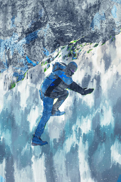 Man climbing ice illustration image, digital painting of hiker, adventure man having fun in nature