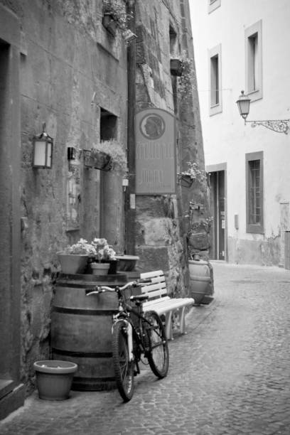 Orvieto in black and white with bicycle