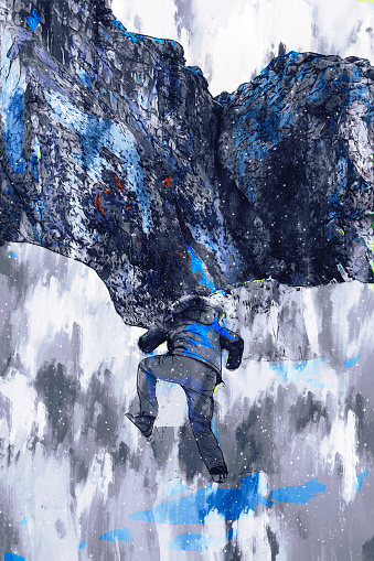 Man climbing ice illustration image, digital painting of hiker, adventure man having fun in nature