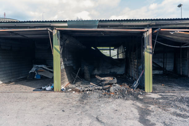 istock Small car garages that have been destroyed by a big fire, Vantaa Finland 1144087319