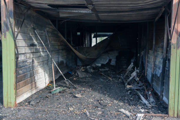 istock Small car garages that have been destroyed by a big fire, Vantaa Finland 1144087321
