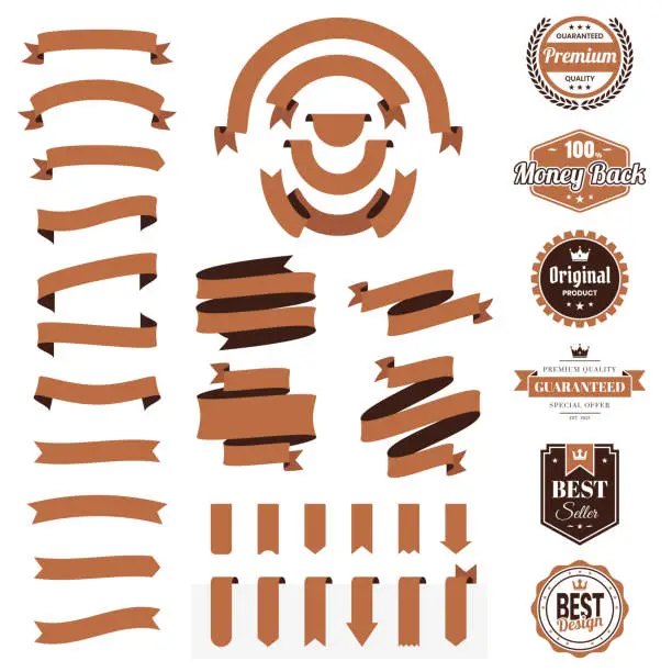 Vector illustration of Set of Brown Ribbons, Banners, badges, Labels - Design Elements on white background