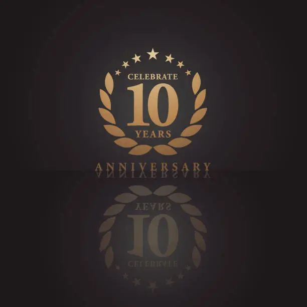 Vector illustration of Ten years golden anniversary icon with dark color background