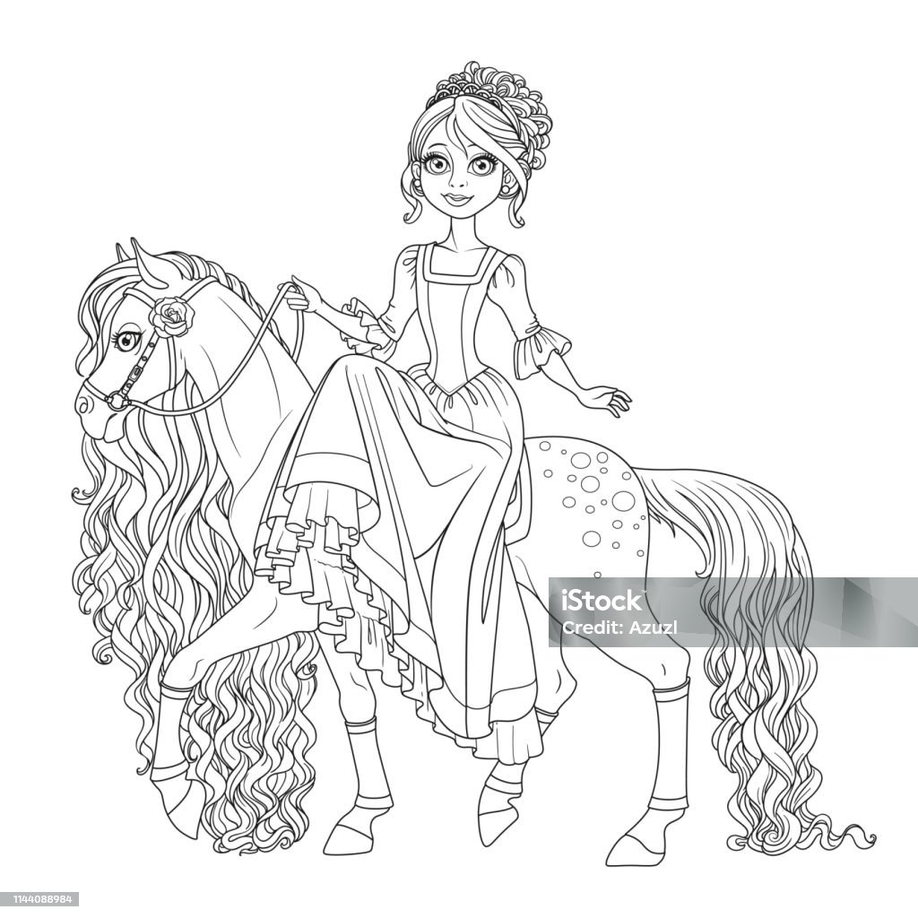Cute princess on horse with a long mane outlined isolated on a white background Adult stock vector