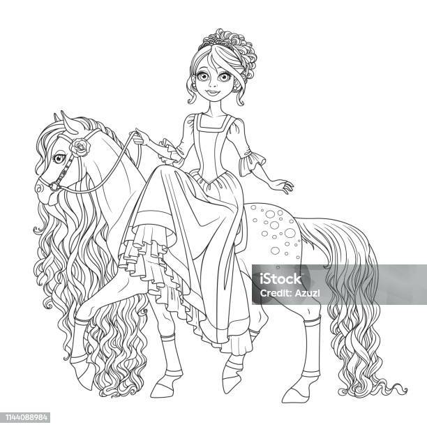 Cute Princess On Horse With A Long Mane Outlined Isolated On A White Background Stock Illustration - Download Image Now