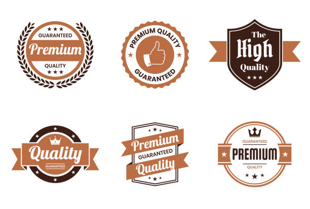 Set of 6 "Quality" Brown badges and labels, isolated on white background (Premium - Guaranteed Quality, Premium Quality Guaranteed, The High Quality, Quality - Guaranteed, Premium Quality - Guaranteed). Elements for your design, with space for your text. Vector Illustration (EPS10, well layered and grouped). Easy to edit, manipulate, resize or colorize.