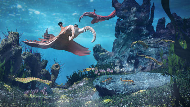 creatures of the Cambrian period, underwater scene with Anomalocaris, Opabinia, Hallucigenia, Pirania and Dinomischus (3d science illustration) prehistoric underwater life forms in the ocean shortly after the Cambrian explosion extinct stock pictures, royalty-free photos & images
