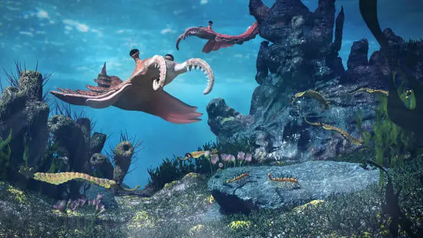 Photo of creatures of the Cambrian period, underwater scene with Anomalocaris, Opabinia, Hallucigenia, Pirania and Dinomischus (3d science illustration)