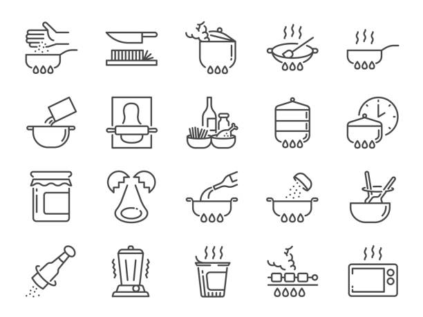 요리 라인 아이콘 세트입니다. 주방, 빵 끓는, 바베 큐, 튀김, 스튜 등으로 아이콘을 포함. - baking computer icon symbol cooking stock illustrations