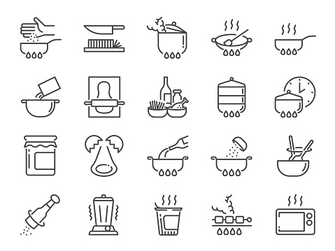 Cooking line icon set. Included icons as kitchen, Bake, Boil, BBQ, Fry, Stew and more.