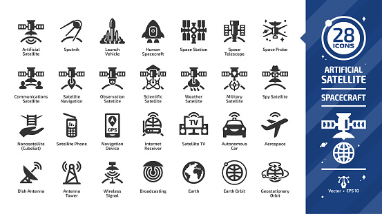 Satellite glyph icon set with dish and tower antenna, space station, earth orbit, wireless communication technology, GPS navigation signal, launch vehicle and more silhouette symbols.