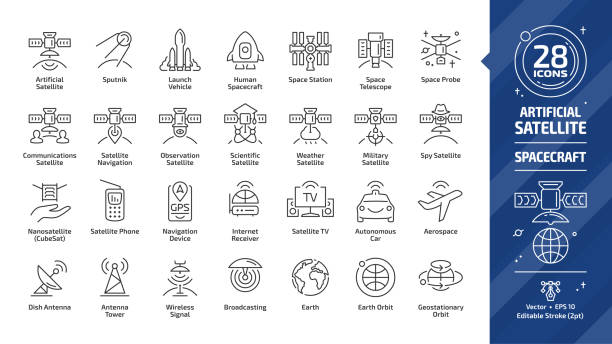 衛星編集可能なストロークのアウトラインアイコンは、皿とタワーアンテナ、宇宙ステーション、地球軌道、無線通信技術、gps ナビゲーション信号、人間の宇宙船とより多くのラインサイン - satellite global positioning system surveillance satellite dish点のイラスト素材／クリップアート素材／マンガ素材／アイコン素材