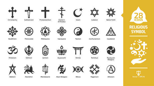Religious symbol glyph icon set with christian cross, islam crescent and star, judaism star of david, buddhism wheel of dharma, hinduism aum letter religion silhouette sign. vector art illustration