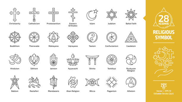 ilustrações, clipart, desenhos animados e ícones de ícone editável do esboço do curso do símbolo religioso ajustado com cruz cristã, crescente do islam e estrela, estrela do judaísmo de david, roda do buddhism do dharma, yin do taoísmo e sinal da linha da religião de yang. - ícone religioso