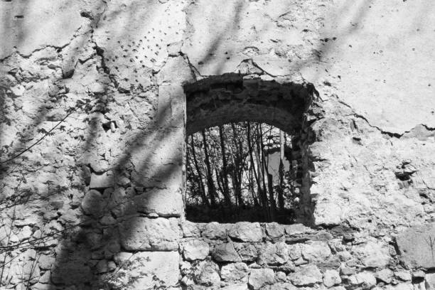 black and white castle ruin window old wall
