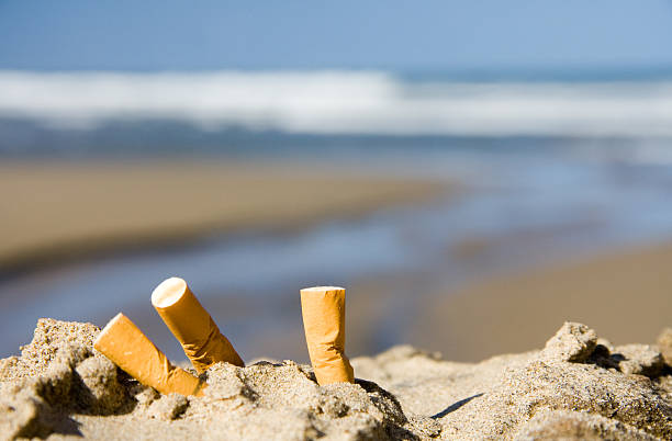 tres de los cigarrillos en la playa - colilla fotografías e imágenes de stock