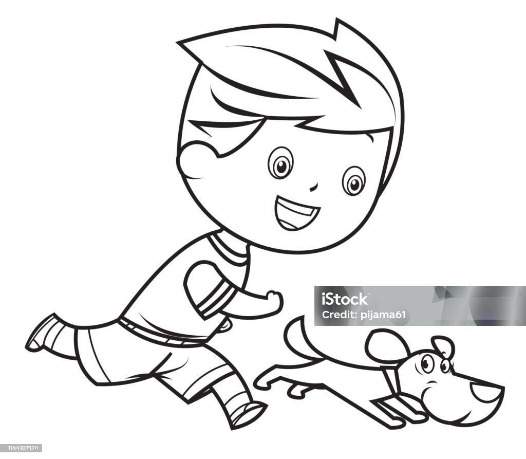 Coloring Book, Boy walking with dog Vector Coloring Book, Boy walking with dog Coloring Book Page - Illlustration Technique stock vector
