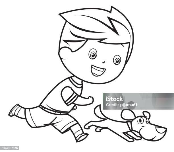 Coloring Book Boy Walking With Dog Stock Illustration - Download Image Now - Coloring Book Page - Illlustration Technique, Walking, Dog