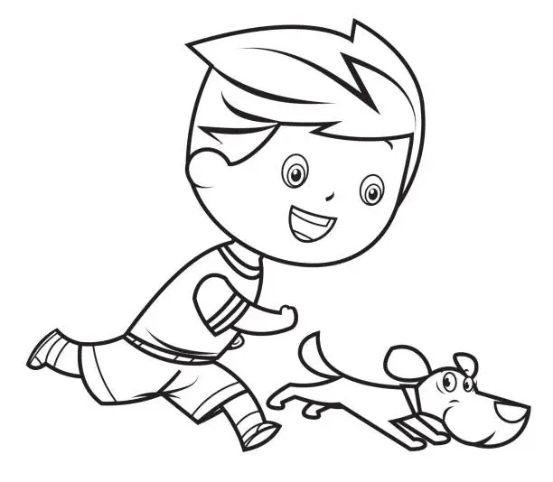 Vector illustration of Coloring Book, Boy walking with dog