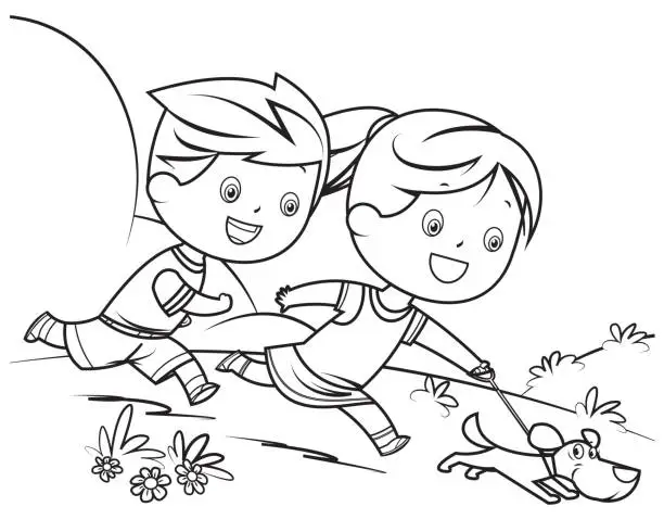 Vector illustration of Coloring Book, Children and dog
