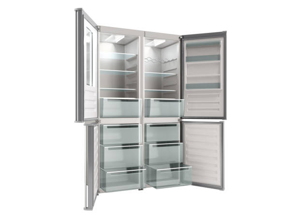 istock Empty Open Stainless steel modern refrigerator 3d illustration on white background no shadow 1144108029