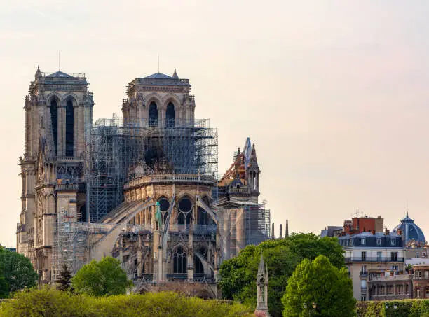 Detail image of the remains of Notre Dame Cathedral in Paris after the fire destroyed the whole roof in 15 April 2019..