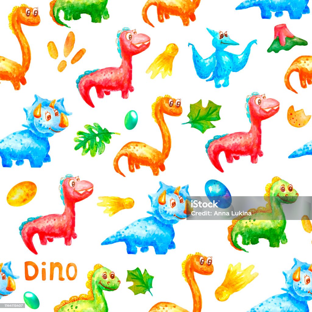 Seamless watercolor pattern. Cute dinosaurs are smiling and looking in one direction against a background of colorful eggs, a volcano, leaves, a comet Ancient stock illustration