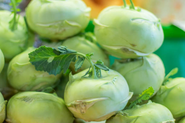 un mucchio di kohlrabi freschi su un mercato ortofrutticolo - kohlrabi turnip kohlrabies cabbage foto e immagini stock