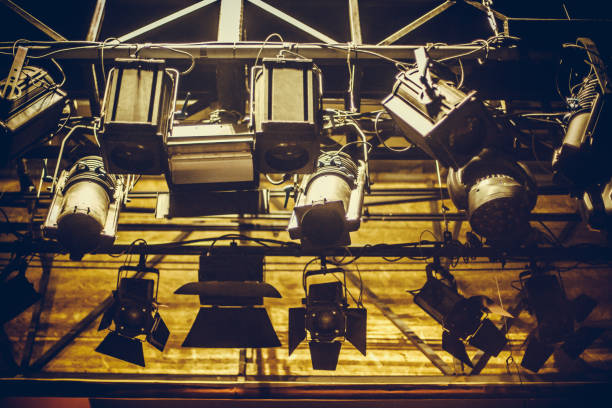 Many stage reflectors in a row, in a theatre.