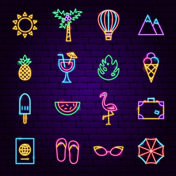 Summer Vacation Neon Icons Summer Vacation Neon Icons. Vector Illustration of Travel Promotion. neon sign ice cream stock illustrations