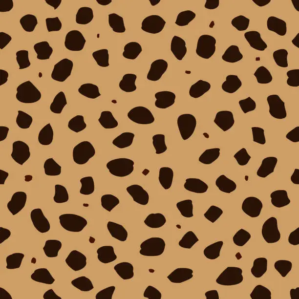 Vector illustration of Cheetah skin with stains as a seamless pattern, spots are scattered in a chaotic manner, a trendy background for a fabric or a cover on the theme of African animals