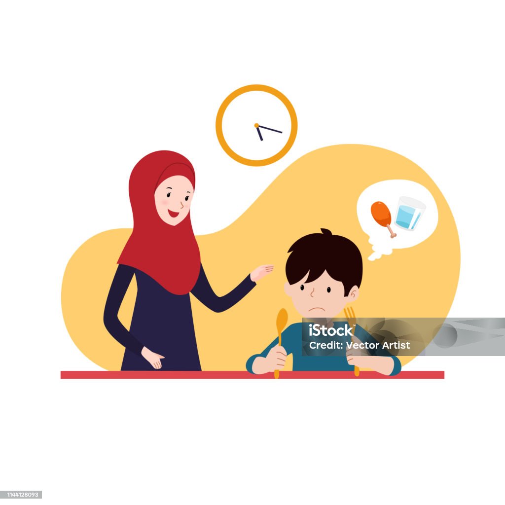 muslim mother support her hungry son to wait for iftar time break fasting. family ramadan activity illustration concept vector design. Activity stock vector