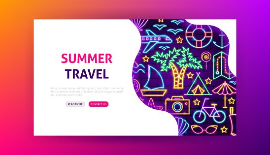 Summer Travel Neon Landing Page. Vector Illustration of Vacation Promotion.