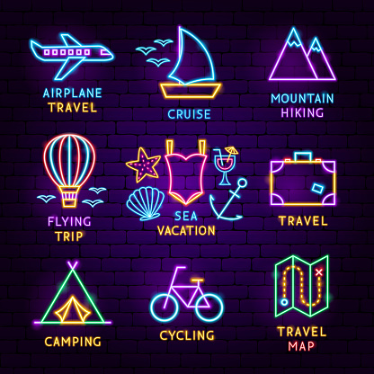 Summer Travel Neon Label Set. Vector Illustration of Vacation Promotion.