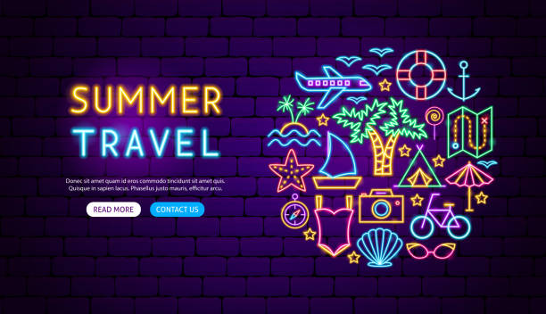 ilustrações de stock, clip art, desenhos animados e ícones de summer travel neon banner design - beach nautical vessel party clothing