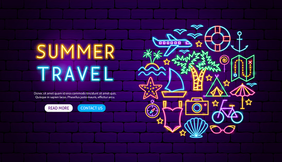 Summer Travel Neon Banner Design. Vector Illustration of Vacation Promotion.