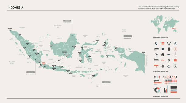 peta vektor indonesia.  peta negara yang sangat rinci dengan divisi, kota, dan ibukota jakarta. peta politik, peta dunia, elemen infografis. - indonesia ilustrasi stok