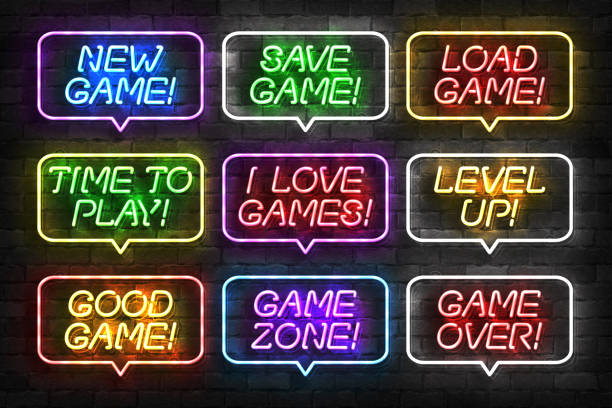 ilustrações de stock, clip art, desenhos animados e ícones de vector set of realistic isolated neon sign of game logo for template decoration and mockup covering on the wall background. concept of gaming. - video game pc sign portable information device