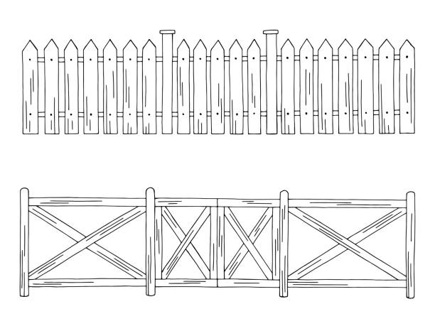 drewniane ogrodzenie graficzne czarny biały izolowany zestaw szkic ilustracji wektor - farm gate stock illustrations