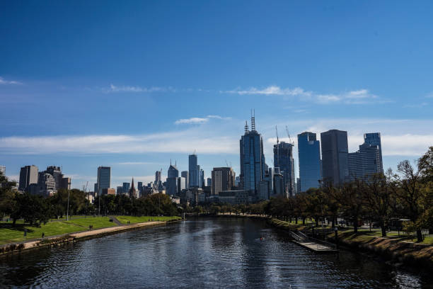 Melbourne cityscape at a cloudy afternoon in spring, looking from Soaring Shelter, at Quarry Hills Park, in Melbourne, Victoria, Australia.