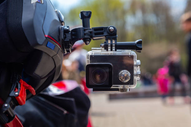 Action camera on a motorcycle rider's helmet