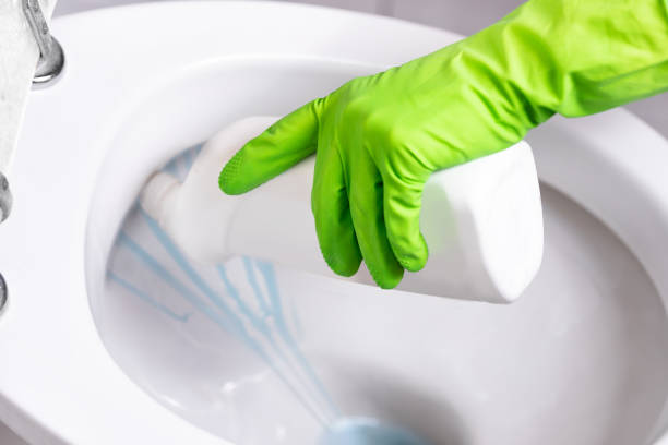 istock Gloved hand cleaning toilet bowl 1144138968