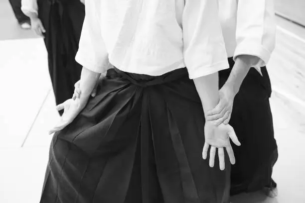 Participants in the training in the special clothing of aikido hakama work out the movements