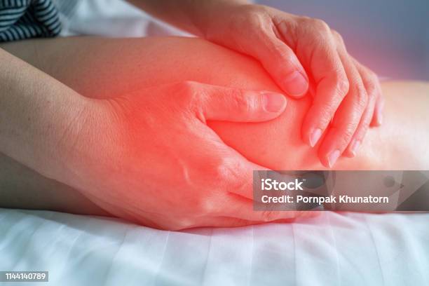 Knee Pain Disease Concept Hands On Leg As Hurt From Arthritis Gout Or Infections Stock Photo - Download Image Now