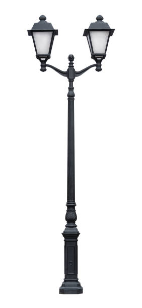 istock Black metal retro lamppost with two bulbs, isolated on a white background (design element) 1144142659