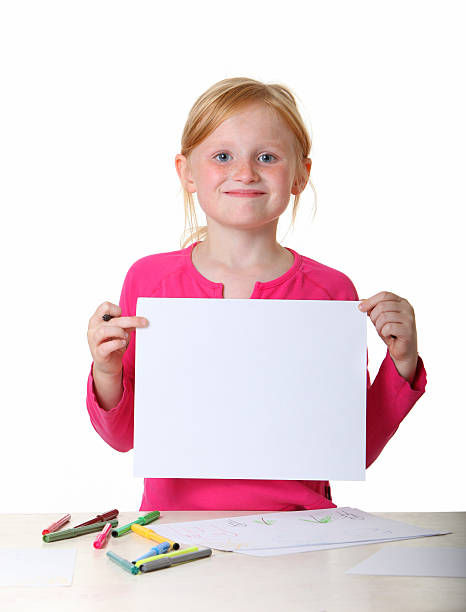 girl holding blank paper stock photo
