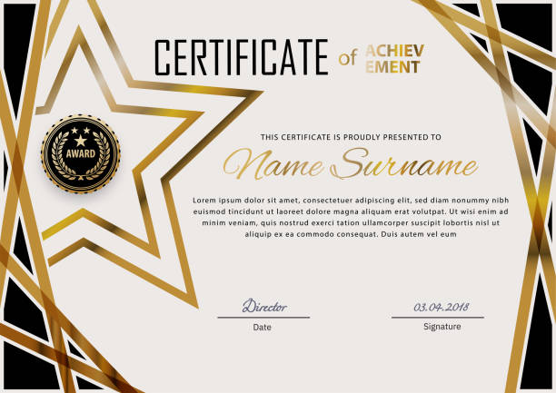 Official certificate with blue design elements. Business modern design. Gold emblem Official certificate with blue lines and different shapes. Business modern design. Gold emblem certificate templates stock illustrations